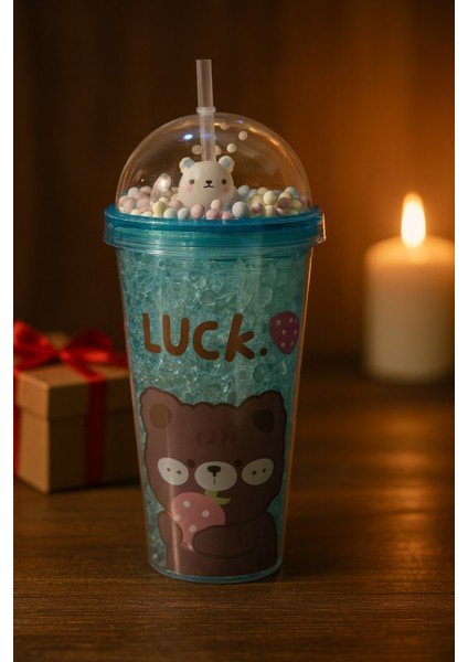 Çılgın Bear Suluk Pipetli Buzlu Cam Görünümlü 450 ml Çift Katman Mika Sevimli Suluk 2093 Mavi fiyatları