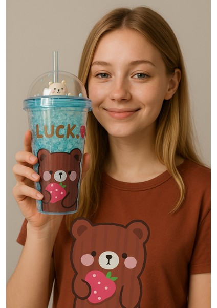 Çılgın Bear Suluk Pipetli Buzlu Cam Görünümlü 450 ml Çift Katman Mika Sevimli Suluk 2093 Mavi modelleri