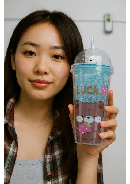 Çılgın Bear Suluk Pipetli Buzlu Cam Görünümlü 450 ml Çift Katman Mika Sevimli Suluk 2093 Mavi fırsatları