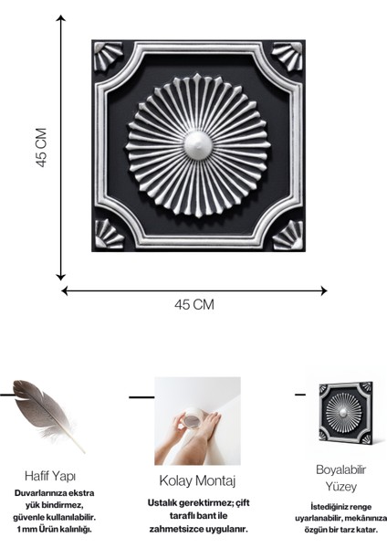 45X45 cm Siyah Gümüş Eskitme Dekoratif Duvar Paneli – 6’lı Set indirimleri