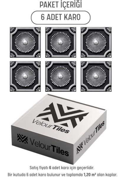 45X45 cm Siyah Gümüş Eskitme Dekoratif Duvar Paneli – 6’lı Set