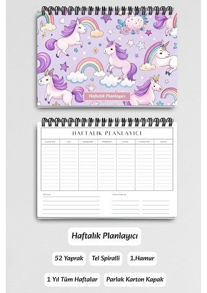 Lila Unicorn Temalı A5 Tel Spiralli Yapılacaklar Notlar Listesi Haftalık Planlayıcı modelleri