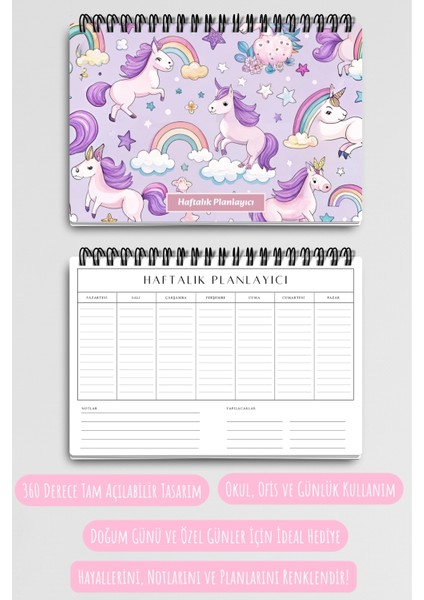 Lila Unicorn Temalı A5 Tel Spiralli Yapılacaklar Notlar Listesi Haftalık Planlayıcı indirimleri