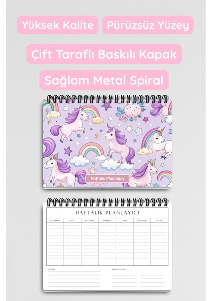 Lila Unicorn Temalı A5 Tel Spiralli Yapılacaklar Notlar Listesi Haftalık Planlayıcı