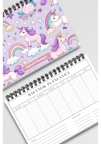 Lila Unicorn Temalı A5 Tel Spiralli Yapılacaklar Notlar Listesi Haftalık Planlayıcı