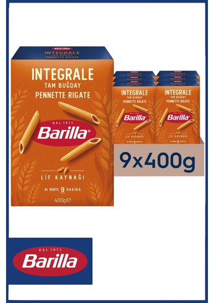 Tam Buğday Kalem Makarna (Integrale Pennette Rigate) 400 gr x 9 Adet