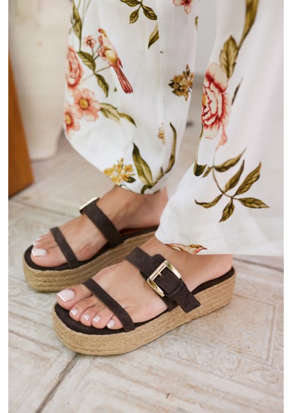 Luzy Kadın Bej Gercek Suet Tokalı Espadril Terlik