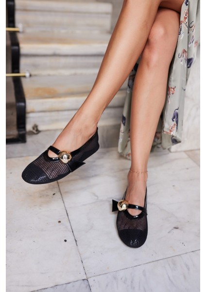 Nika Kadın Siyah File Toka Gold Detay Babet