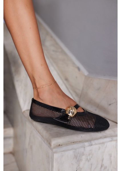 Nika Kadın Siyah File Toka Gold Detay Babet