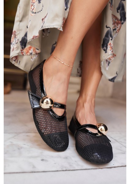 Nika Kadın Siyah File Toka Gold Detay Babet