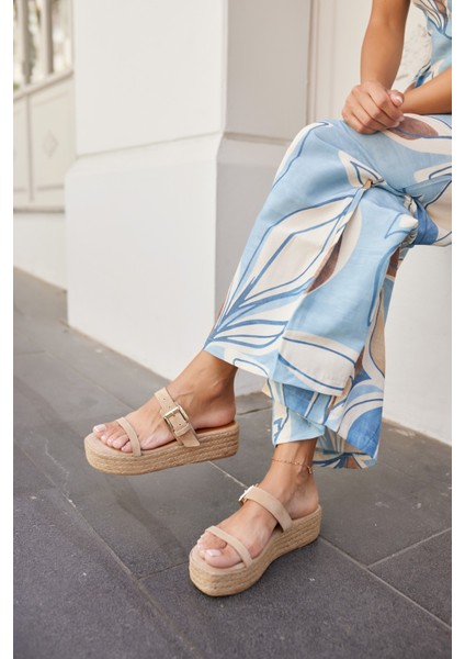 Luzy Kadın Bej Gercek Suet Tokalı Espadril Terlik