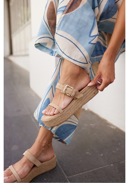 Luzy Kadın Bej Gercek Suet Tokalı Espadril Terlik