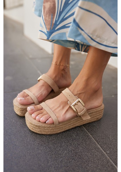 Luzy Kadın Bej Gercek Suet Tokalı Espadril Terlik