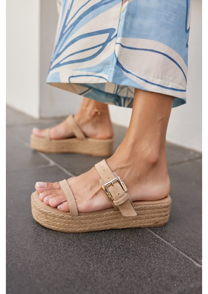 Luzy Kadın Bej Gercek Suet Tokalı Espadril Terlik