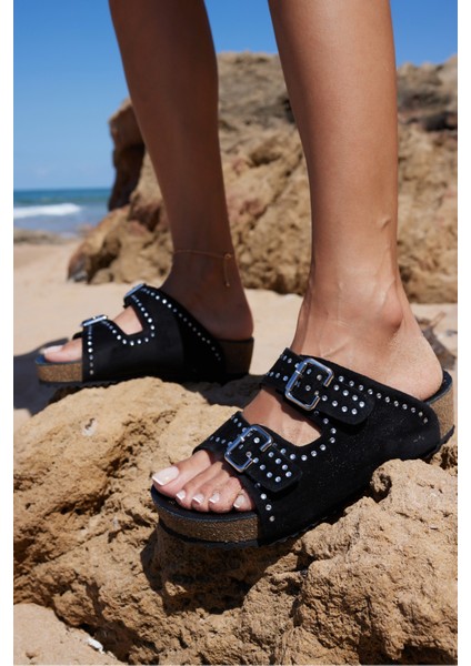 Roys Kadın Siyah Gercek Deri Mantar Ithal Fusped Terlık