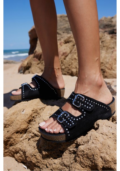 Roys Kadın Siyah Gercek Deri Mantar Ithal Fusped Terlık