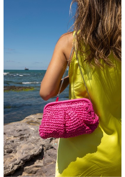 Jude Kadin Lacivert Hasır Zincir Detayli Plaj-Gunluk Çanta