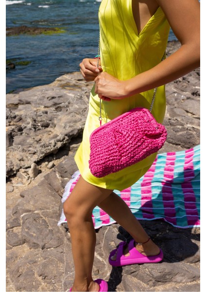 Jude Kadin Lacivert Hasır Zincir Detayli Plaj-Gunluk Çanta