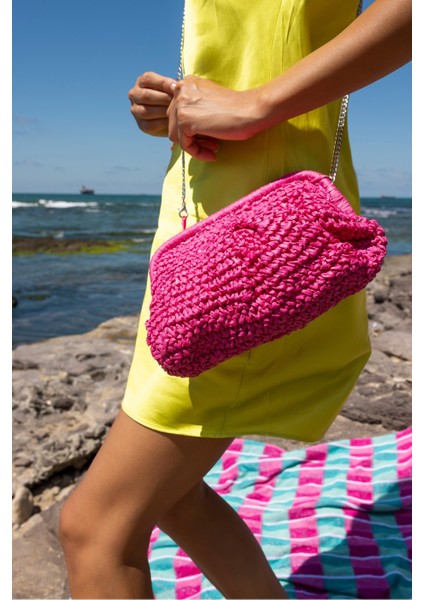 Jude Kadin Lacivert Hasır Zincir Detayli Plaj-Gunluk Çanta