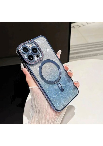 iPhone 12 Pro Max Magsafe Özellikli Kamera Lens Koruma Çerçeveli Taşlı Simli Yüksek Kalite Kılıf