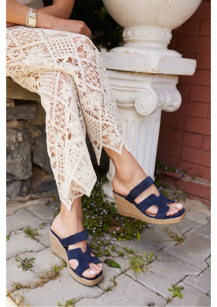 Hawai Kadın Lacivert Gercek Deri Suet Espadril Taban Terlık
