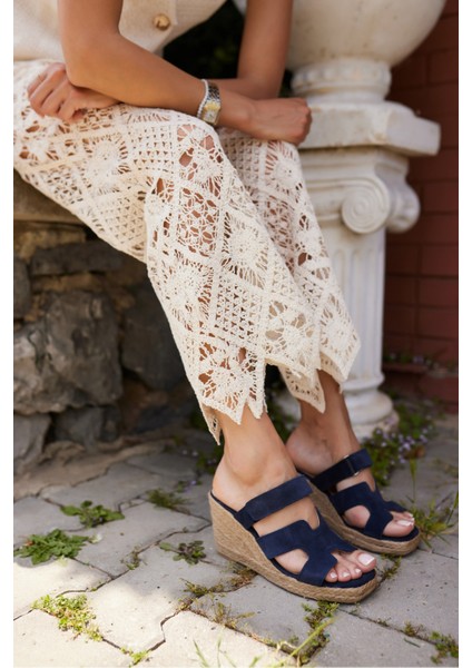 Hawai Kadın Lacivert Gercek Deri Suet Espadril Taban Terlık fiyatları