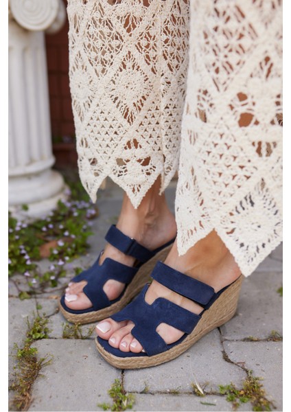 Hawai Kadın Lacivert Gercek Deri Suet Espadril Taban Terlık