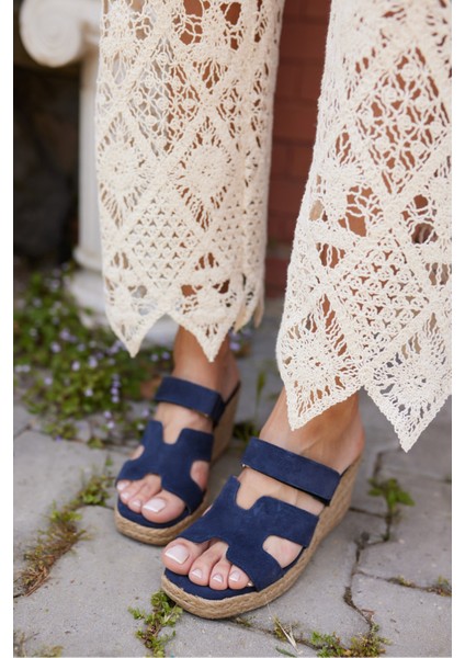 Hawai Kadın Lacivert Gercek Deri Suet Espadril Taban Terlık