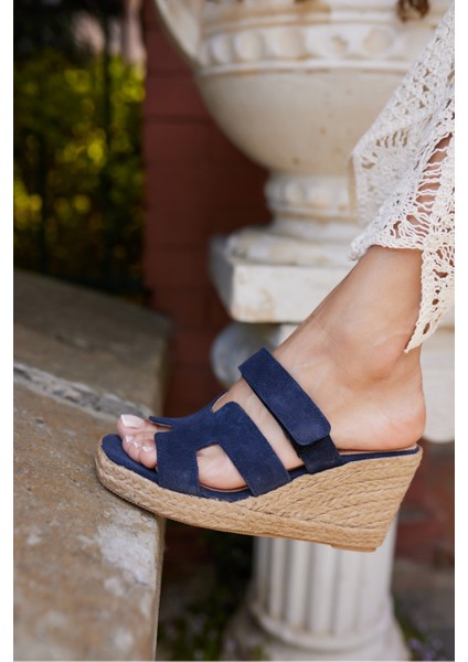 Hawai Kadın Lacivert Gercek Deri Suet Espadril Taban Terlık