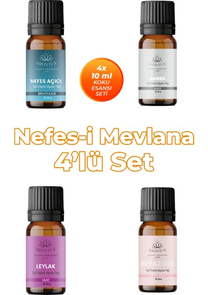Nefes-I Mevlana Oda Kokusu 4'lü Set- Doğal Esansiyel Uçucu Yağ, Difüzör Esansı, Buhurdanlık Yağı