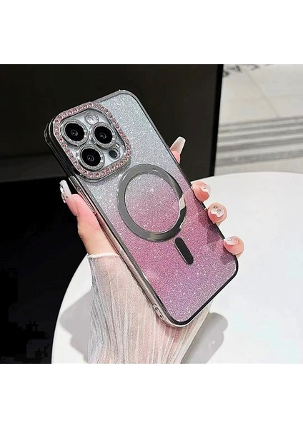 iPhone 12 Pro Max Magsafe Özellikli Kamera Lens Koruma Çerçeveli Taşlı Simli Yüksek Kalite Kılıf