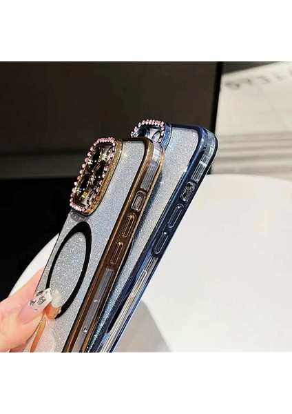 iPhone 12 Pro Max Magsafe Özellikli Kamera Lens Koruma Çerçeveli Taşlı Simli Yüksek Kalite Kılıf