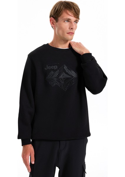 Bisiklet Yaka Baskılı Siyah Erkek Sweatshırt C4WM-SWT4213