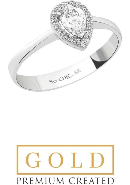 8 Ayar Beyaz Altın Sertifikalı Premium Created Taşlı Damla Tektaş Yüzük