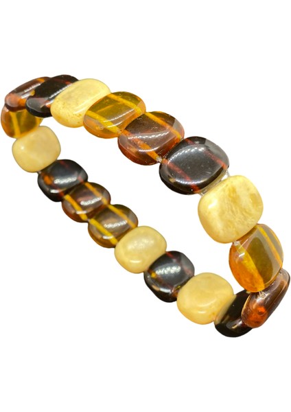 Kenarları Pahlı Dörtgen Kesim, Elastik Misina Üzerinde Bal Rengi ve Kahverenginin Tonları Muhteşem Uyum Kadın ve Erkekler Için Gerçek Kehribar Bileklik