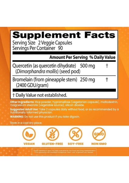 Quercetin Bromelain Science-Based Nutrition™ Immune Support Dihydrate Dimorphandra Mollis Premium Enzim Kuersetin 180 Veggie Caps
