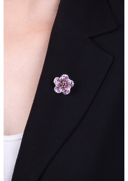 Kamelya Siyah Rodyum Kaplama Gümüş Broş