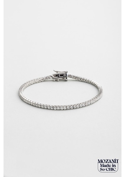Mozanit Şıklığı 18 Ayar Beyaz Altın Kaplama 19 cm Gümüş Su Yolu Bileklik