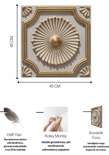 Royal Bej Altın Eskitme 45X45 cm Dekoratif Duvar Paneli – 6’lı Set