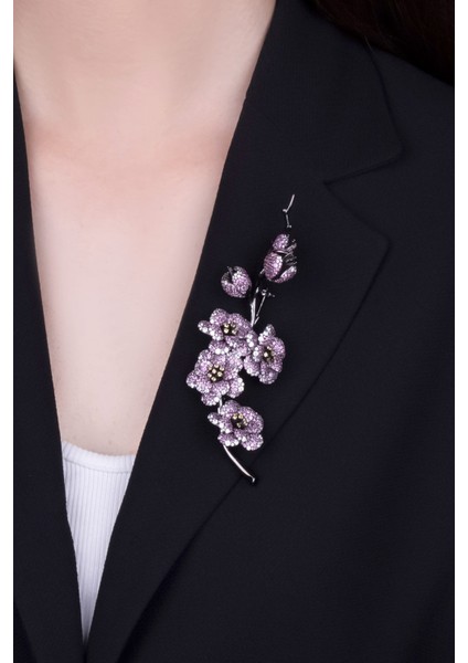 Sakura Çiçeği Siyah Rodyum Kaplama Gümüş Broş