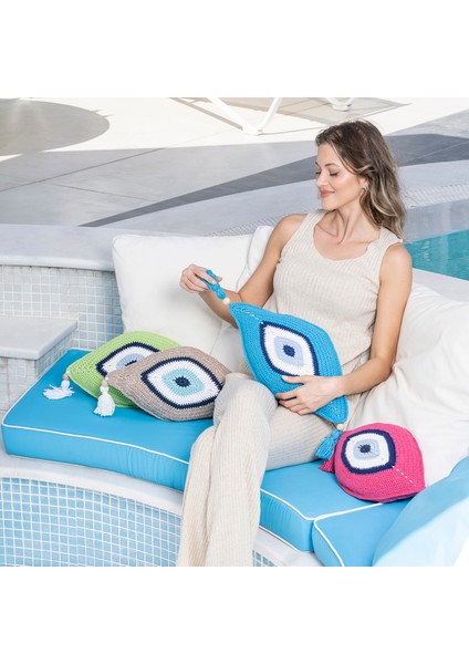 Evil Eye Göz Şeklinde Mavi Örgü Yastık-Dekorasyon El Örgüsü Mavi Göz Kırlent modelleri