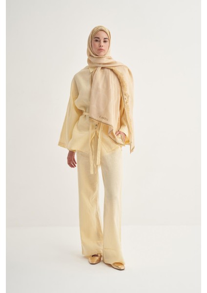 Gold Carell Luxe Çiçekli Monogram Floş Şal
