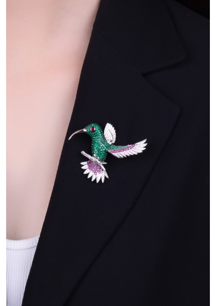 Cennet Kuşu 18 Ayar Beyaz Altın Kaplama Gümüş Broş