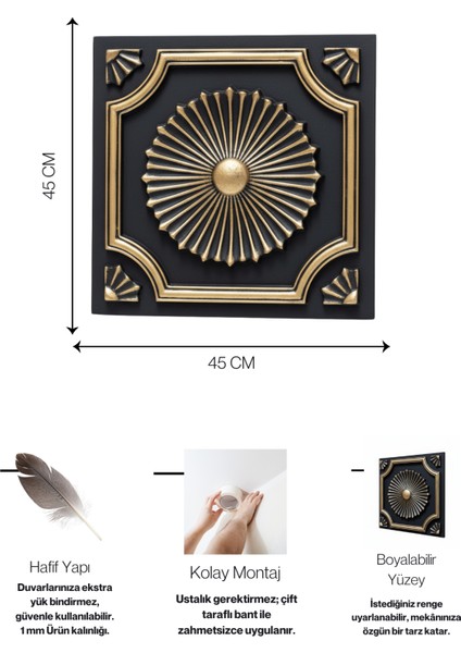 Royal Siyah Gold Eskitme 45X45 cm Dekoratif Duvar Paneli – 6’lı Set