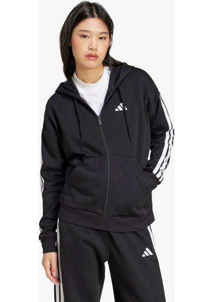 Essentials 3 Stripes Full Zip Kadın Siyah Polar.-