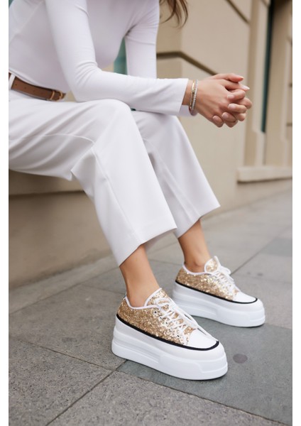 Vardy Kadın Altin Pullu Bagcıklı Dolgu Taban Sneaker