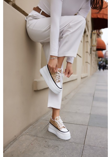 Vardy Kadın Altin Pullu Bagcıklı Dolgu Taban Sneaker modelleri