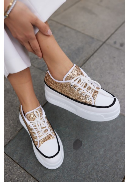 Vardy Kadın Altin Pullu Bagcıklı Dolgu Taban Sneaker