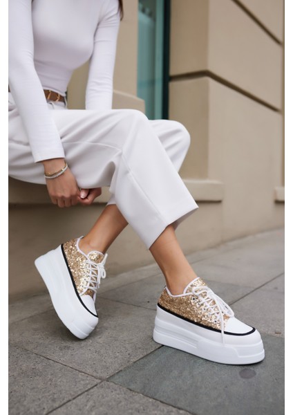 Vardy Kadın Altin Pullu Bagcıklı Dolgu Taban Sneaker