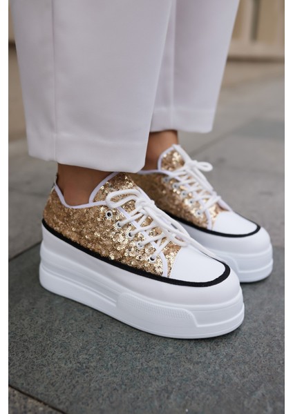 Vardy Kadın Altin Pullu Bagcıklı Dolgu Taban Sneaker